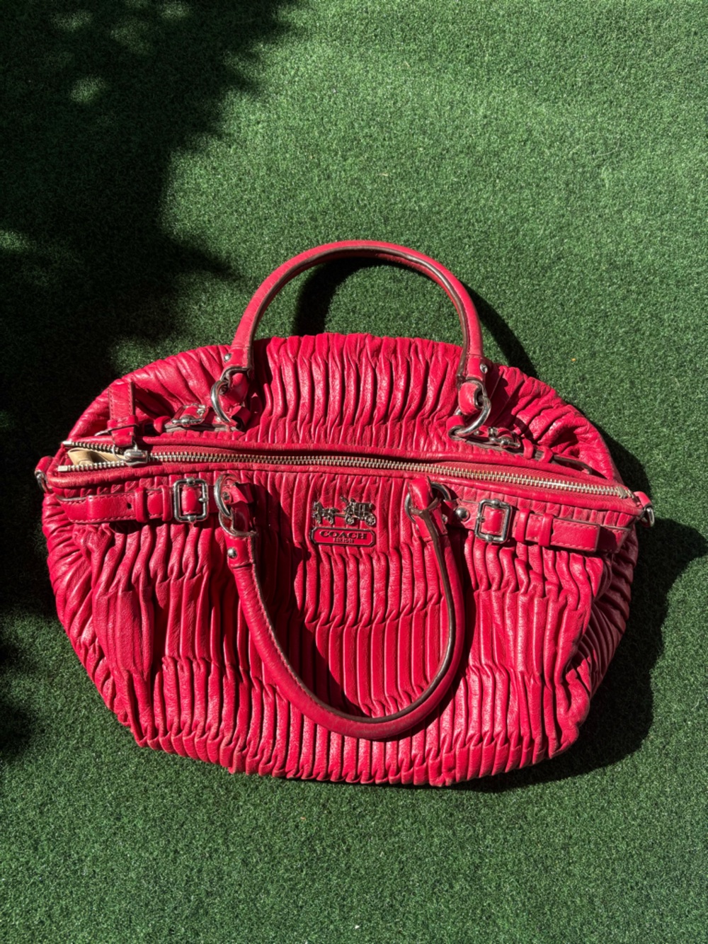 Coach Red Ruched Leather Tote with Silver Hardware